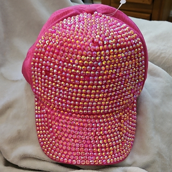 Metallic Shiny Pink & Iridescent Rhinestone Studded Cap Hat Adjustable Stap NWOT - Picture 1 of 9